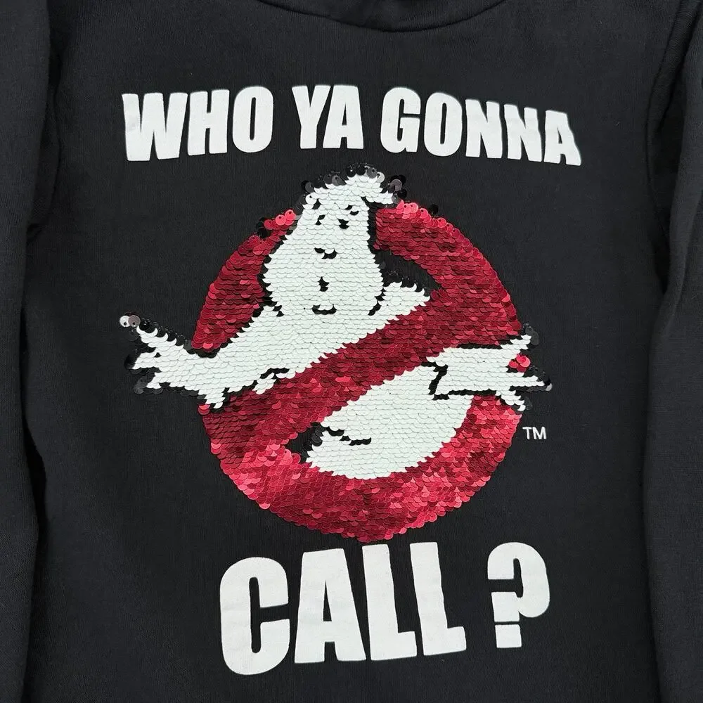 H&M Ghostbusters Hoodie Sequin Logo Kids Sz 6-8Y Black Pullover